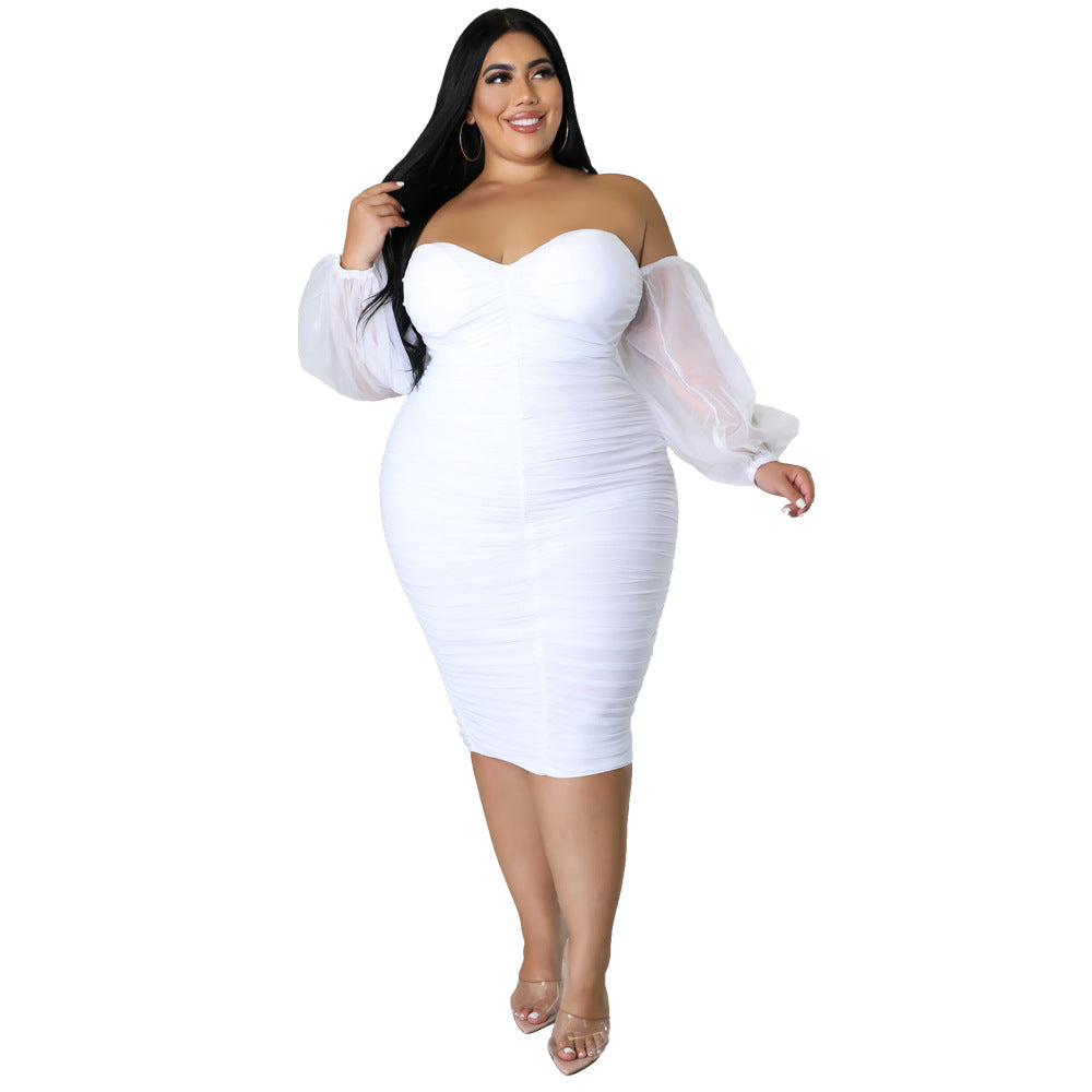 Plus Size Women Fall Mesh Pleated Long Sleeve Dress