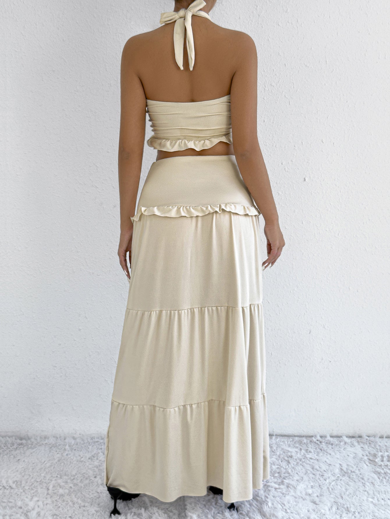 Summer Women's Fashion Sexy Halter Neck Top Low Waist Long Skirt Two piece Set 6