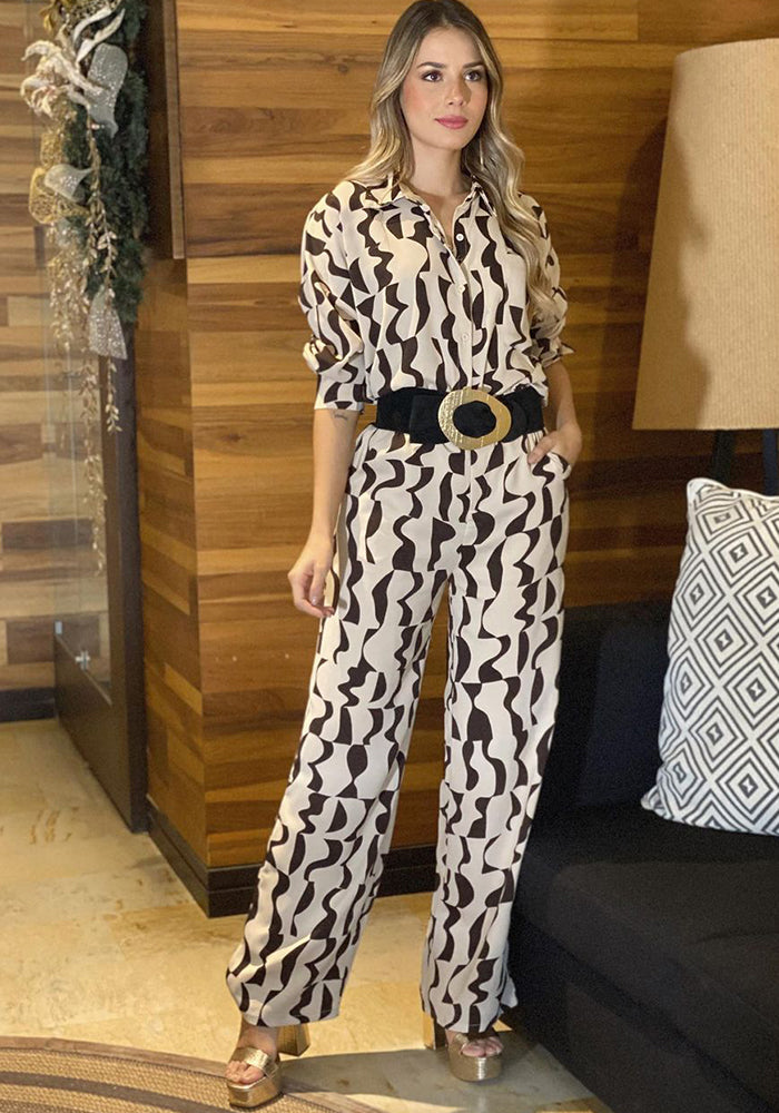 Women's Fashion Print Turndown Collar Long Sleeve Casual Shirt High Waist Straight Pants Set