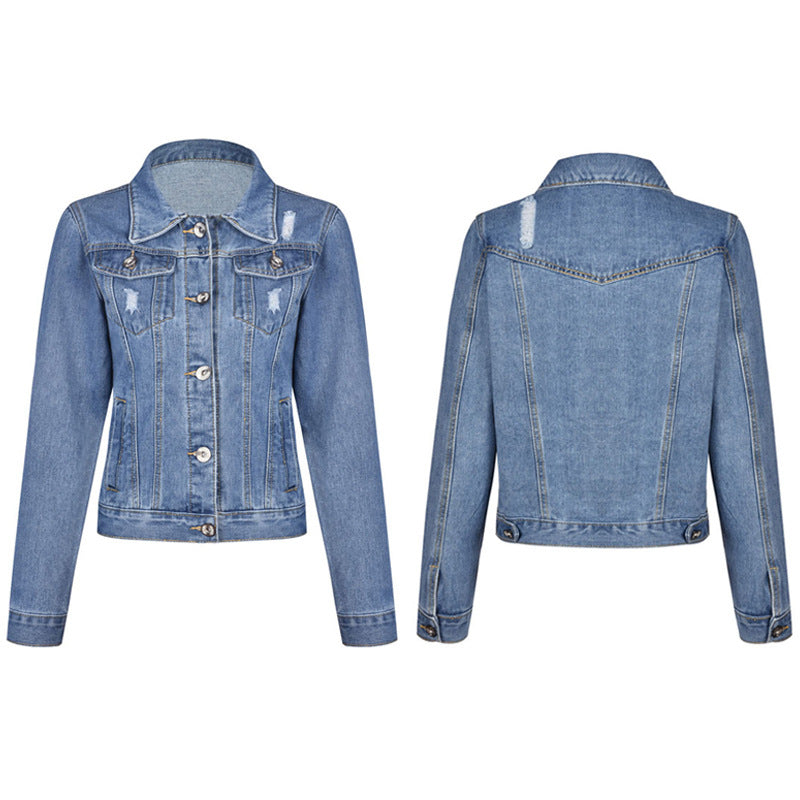Women Ripped Long Sleeve Denim Jacket