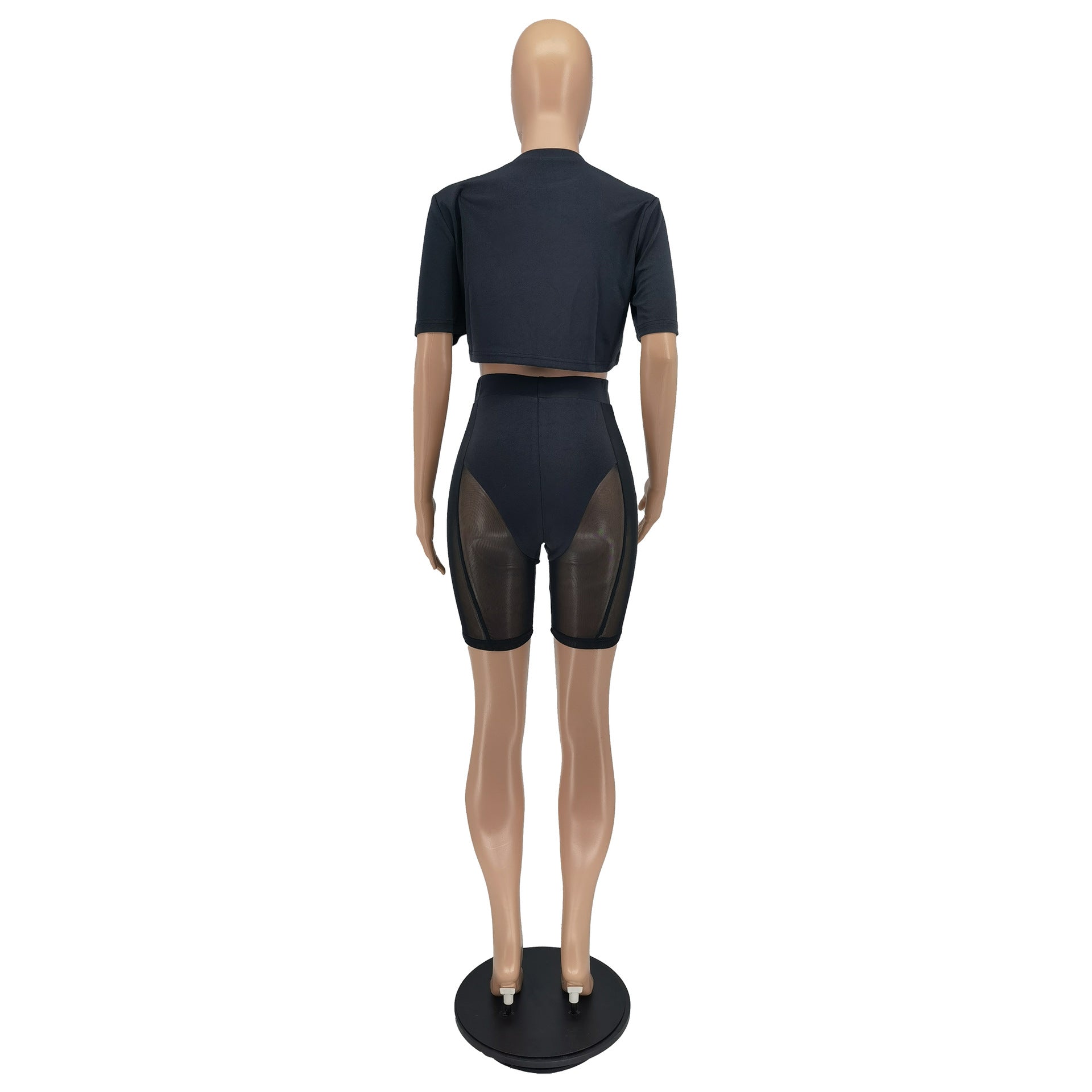 Women Summer Fashion Mesh Solid Top + Shorts Two-Piece Set 11