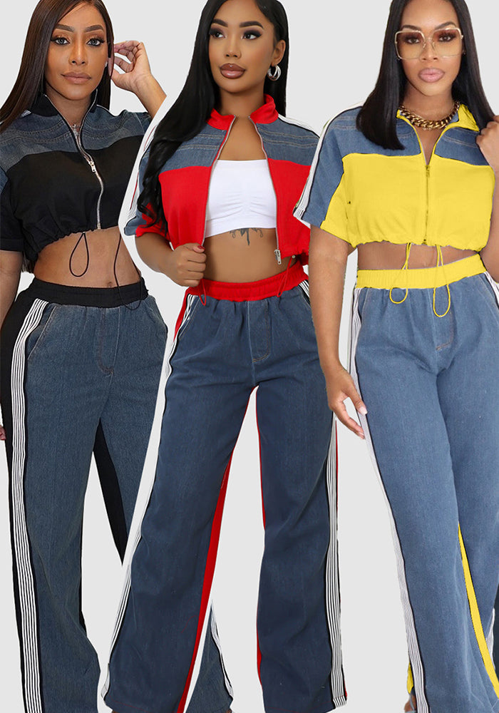 Women Color Blocking Contrast Sports Casual Top + Wide Leg Pants Two-piece Set