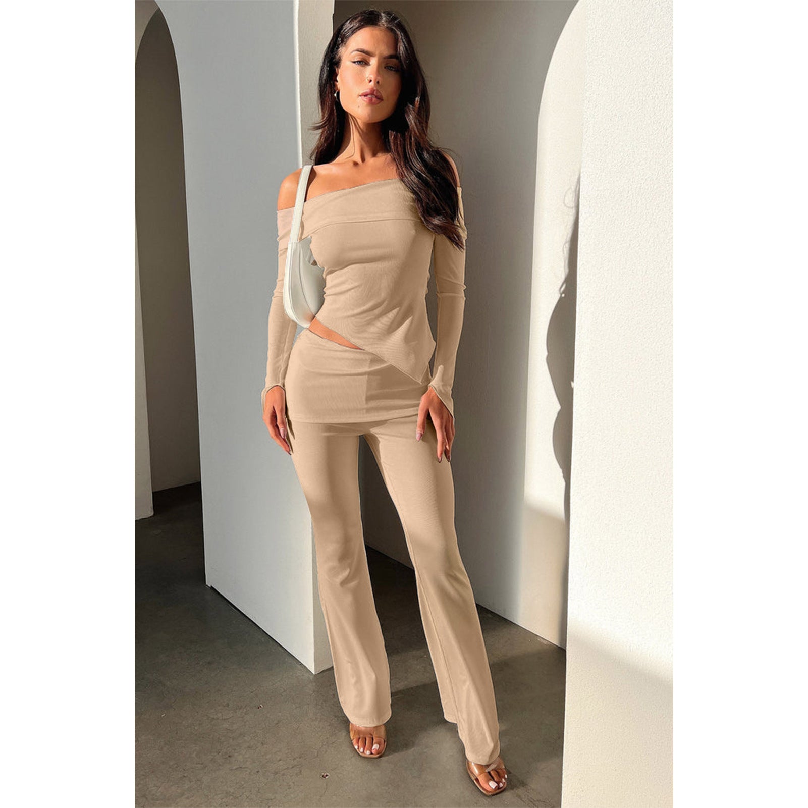 Women Irregular Off Shoulder Turndown Collar Top and Bell Bottom Pants Two-piece Set