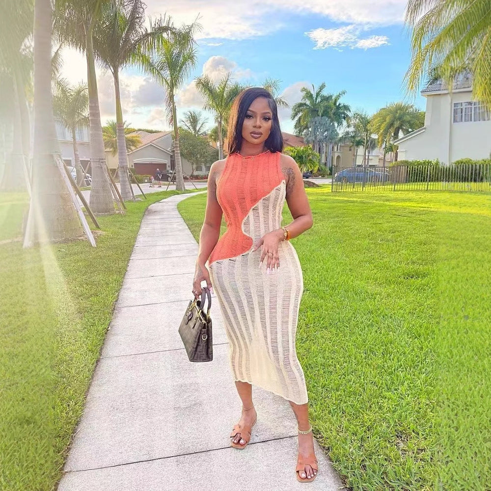 Women Sexy Sleeveless Knitting Color Block Dress 5