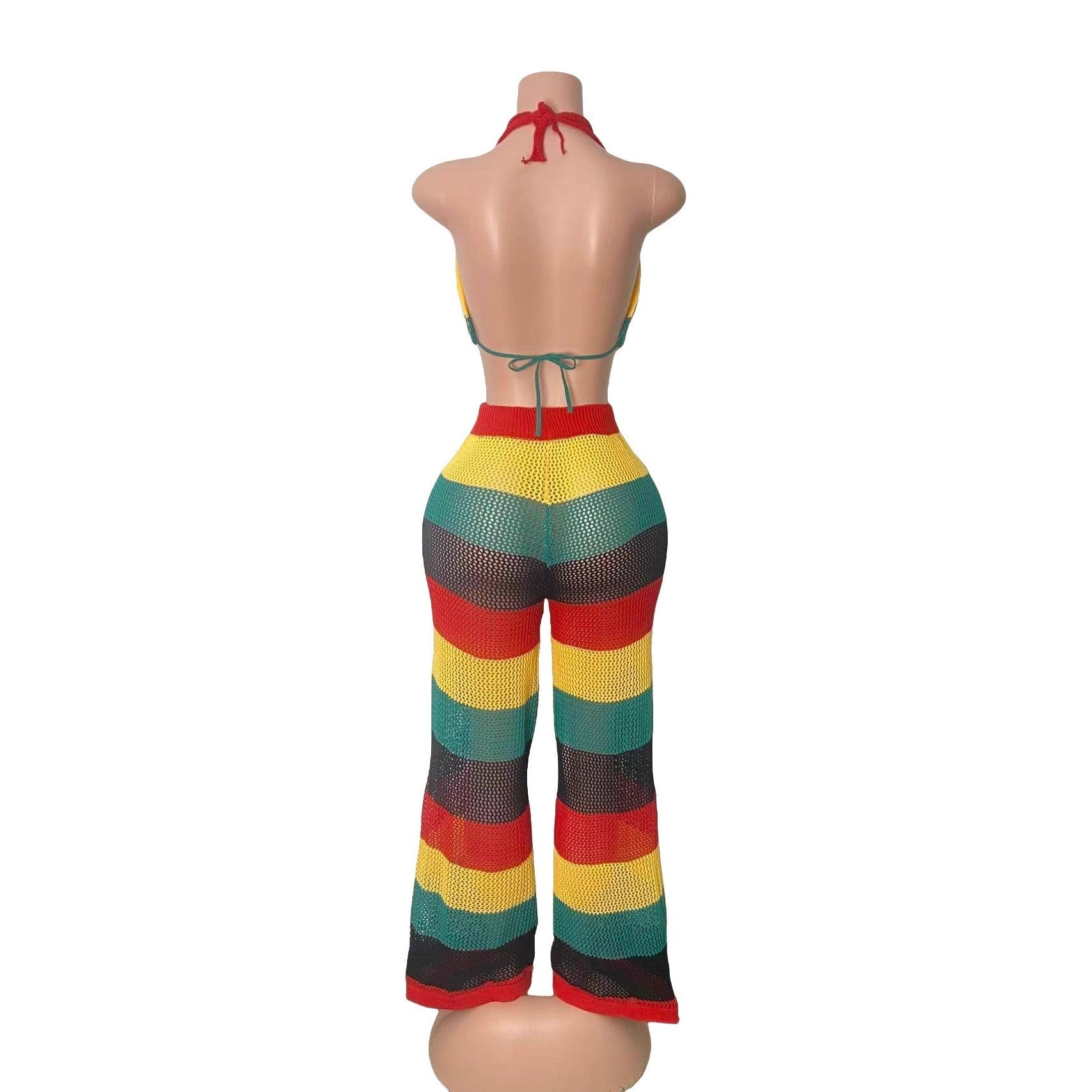 Women multi-color striped halter neck backless top and knitting pant, sexy see-through mesh two-piece set. 19