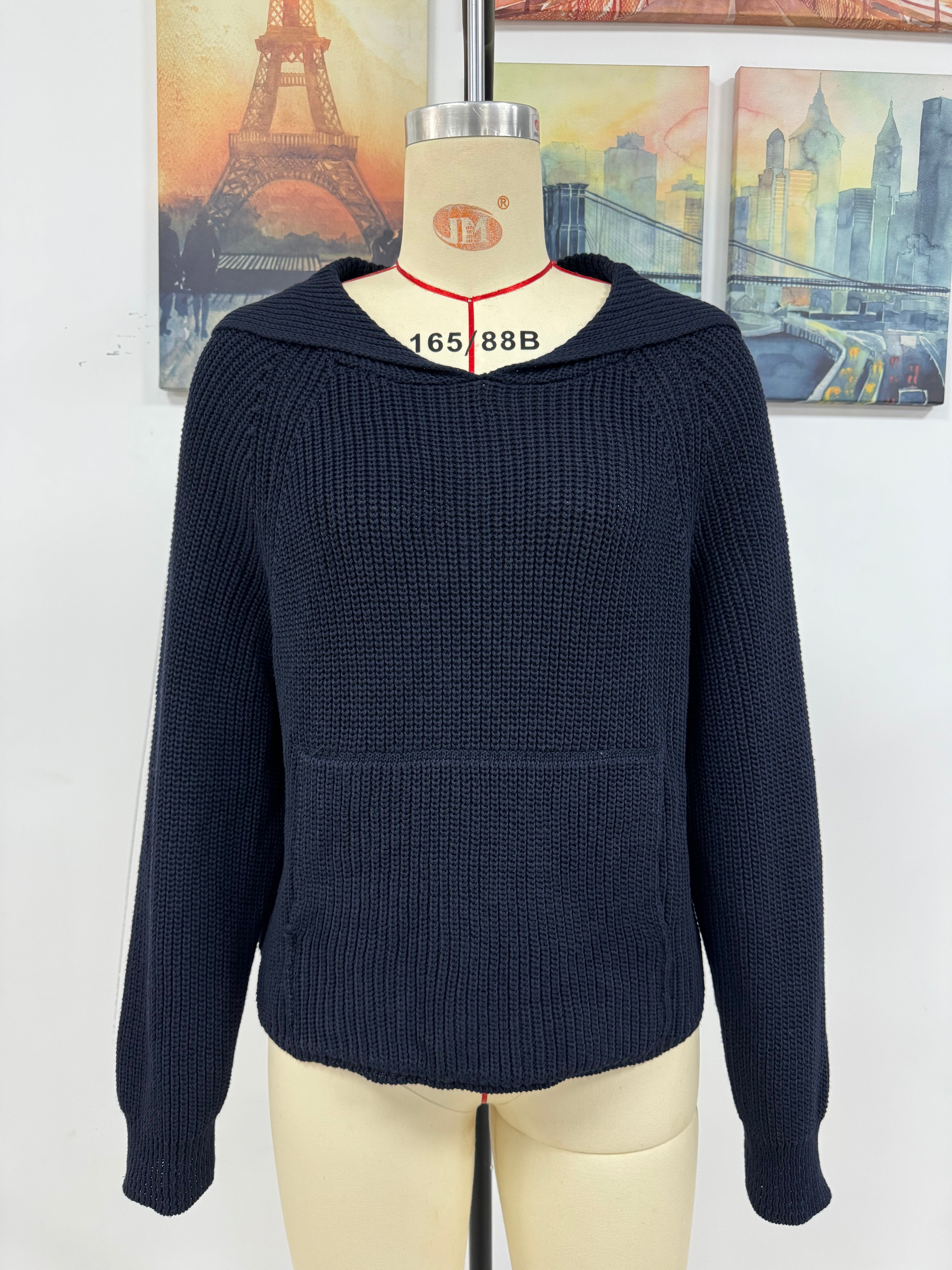 Women Autumn Winter Pullover Hooded Knitting Shirt Pocket Long Sleeve Five-Pointed Star Sweater 28