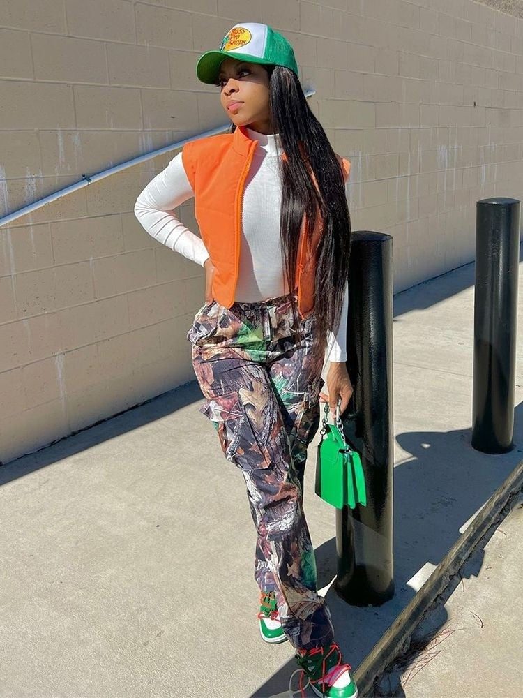 Autumn/Winter Fashion Leaf Print Straight High Waist Pocket Multicolor Cargo Pants 5