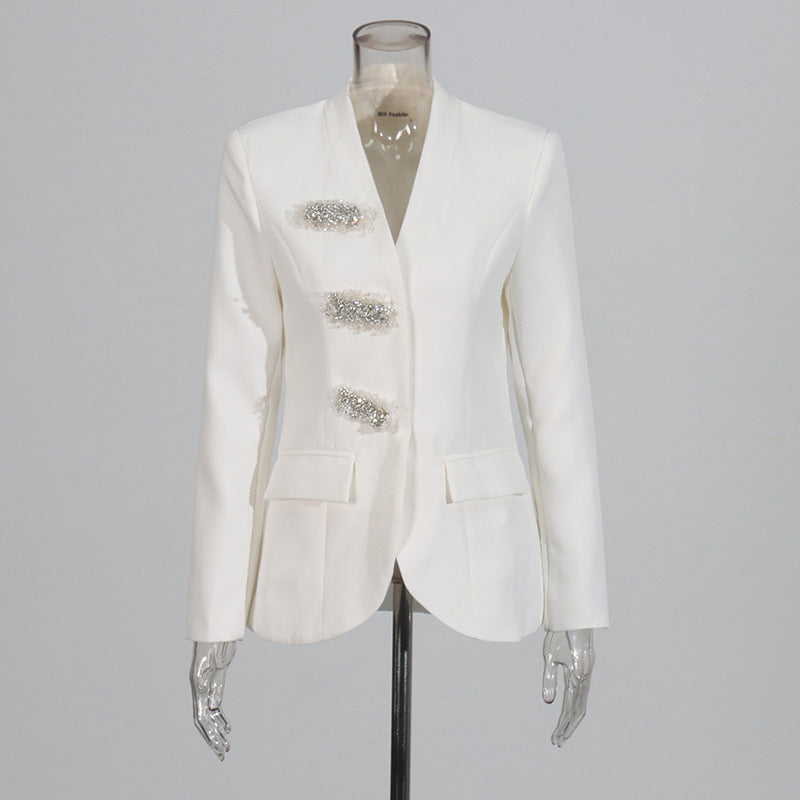 Women British style v-neck beaded Beaded Blazer 3