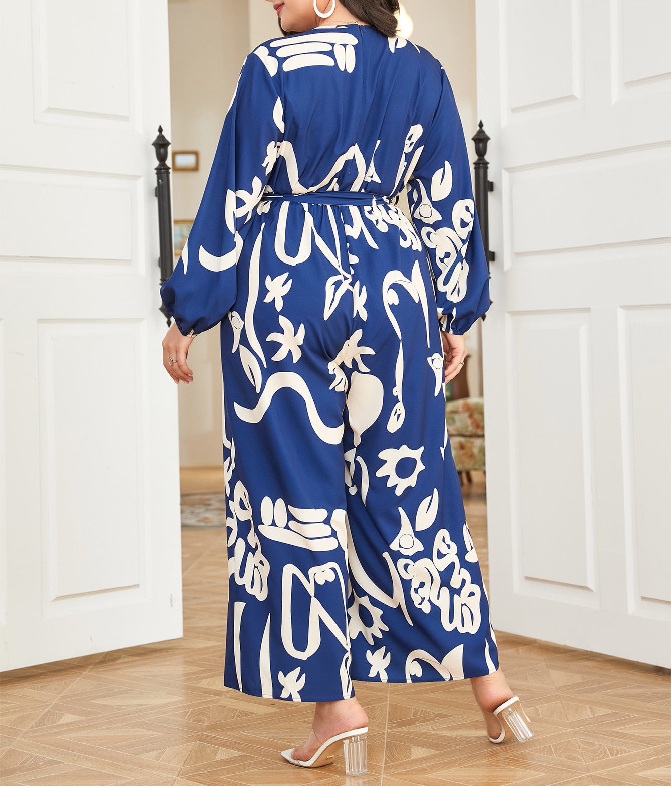 Printed Wrap V-Neck Long Sleeve Slim Waist Straight Loose Le Long Jumpsuit