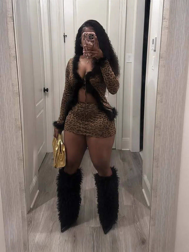 Women furry patchwork lace top and leopard print skirt two-piece set 4