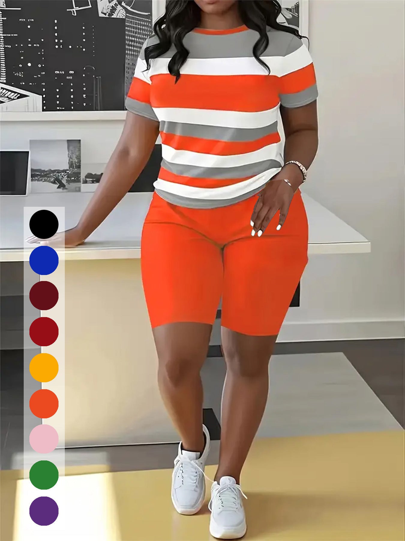 Women's Striped Print Short-Sleeve Sporty Two-Piece Shorts Set 7