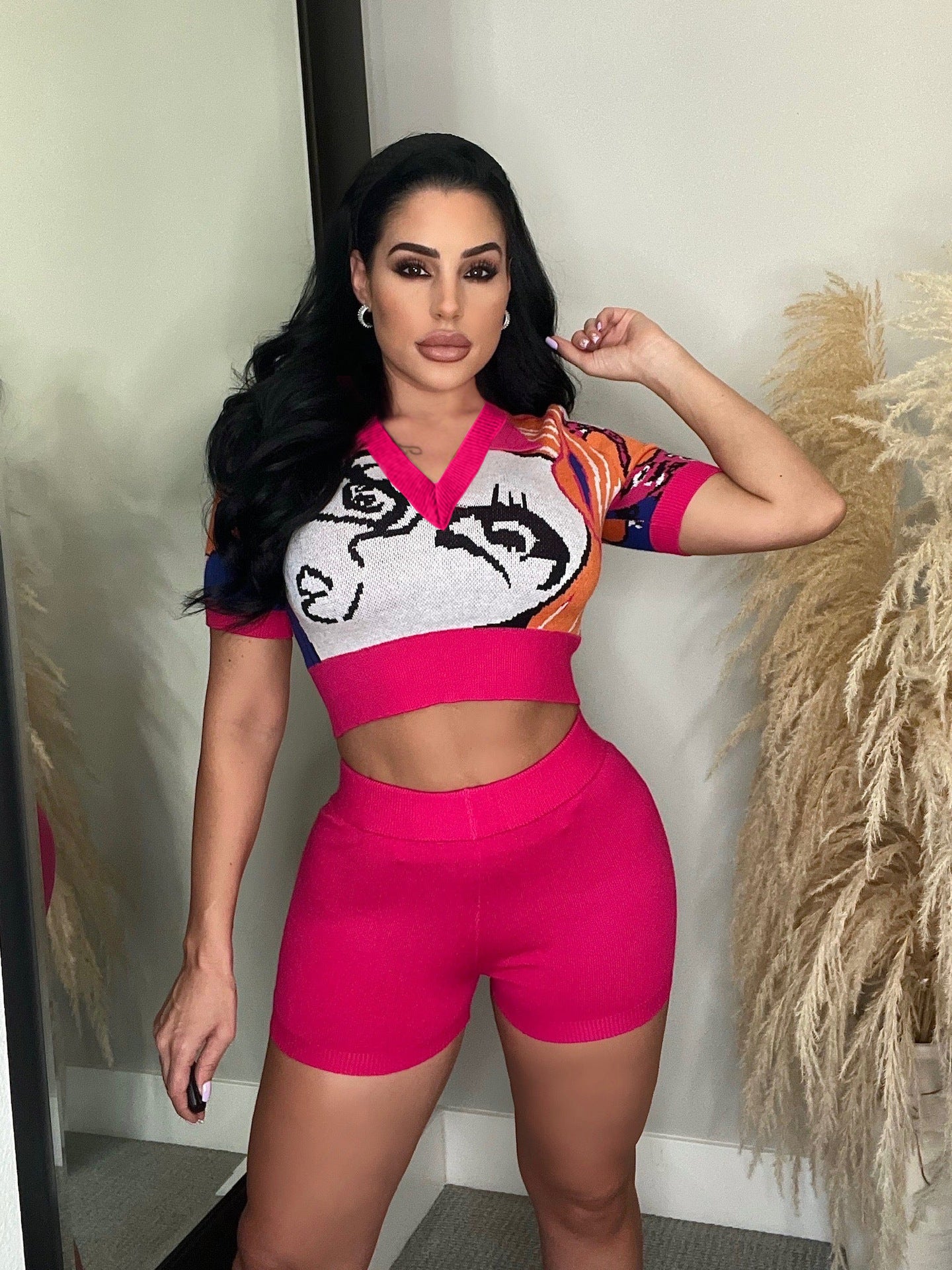 Women's Summer Print Heart Neck Slim Sport Casual Top + Shorts Set 4