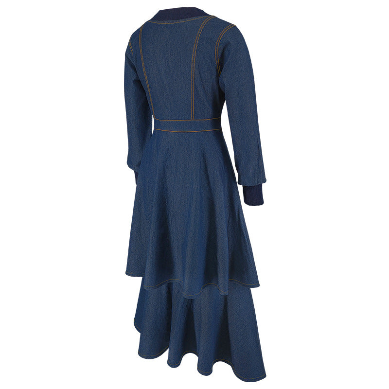 Women's Clothing Ribbed V-Neck Long Sleeve Denim Dress 6