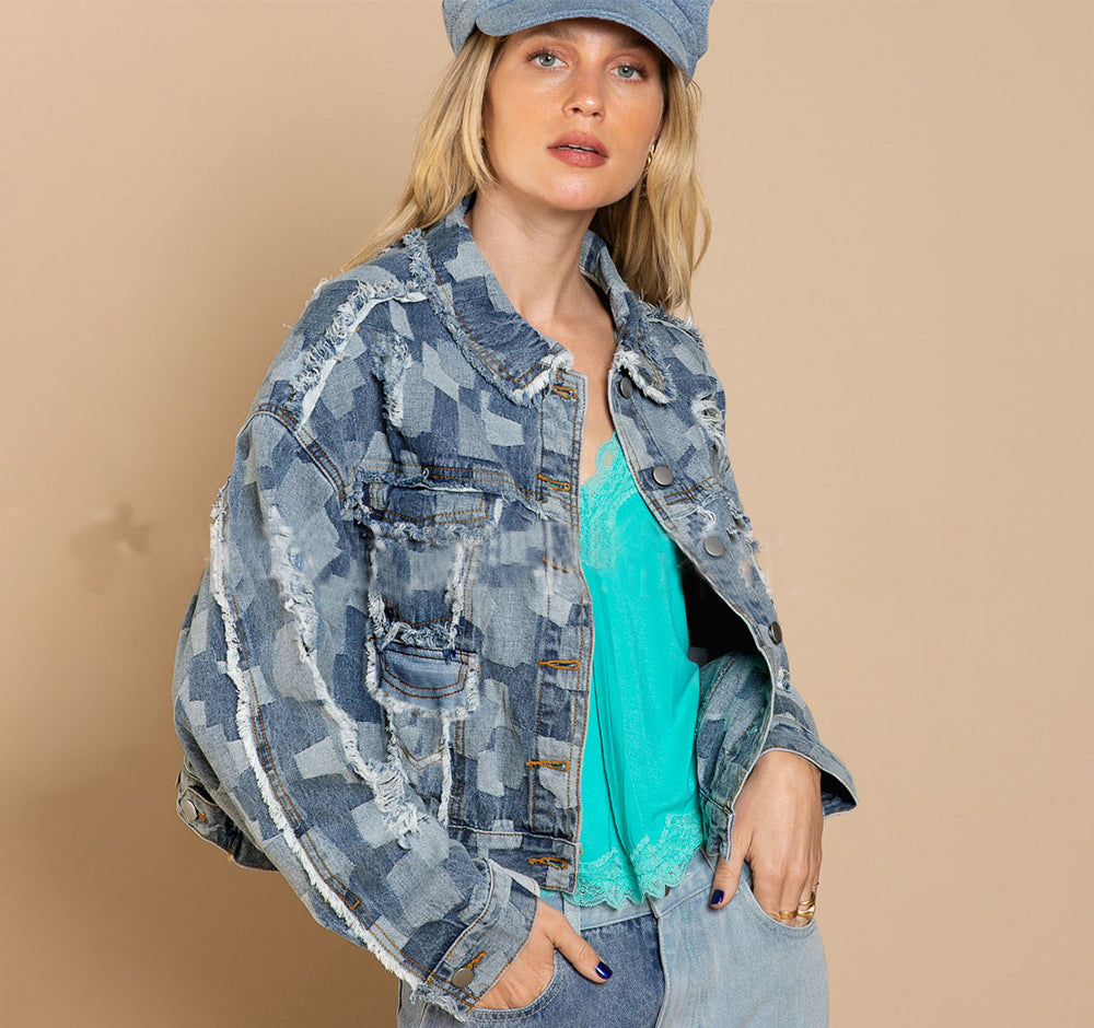 Women Autumn and Winter Tassel Ripped Plaid Casual Denim Jacket