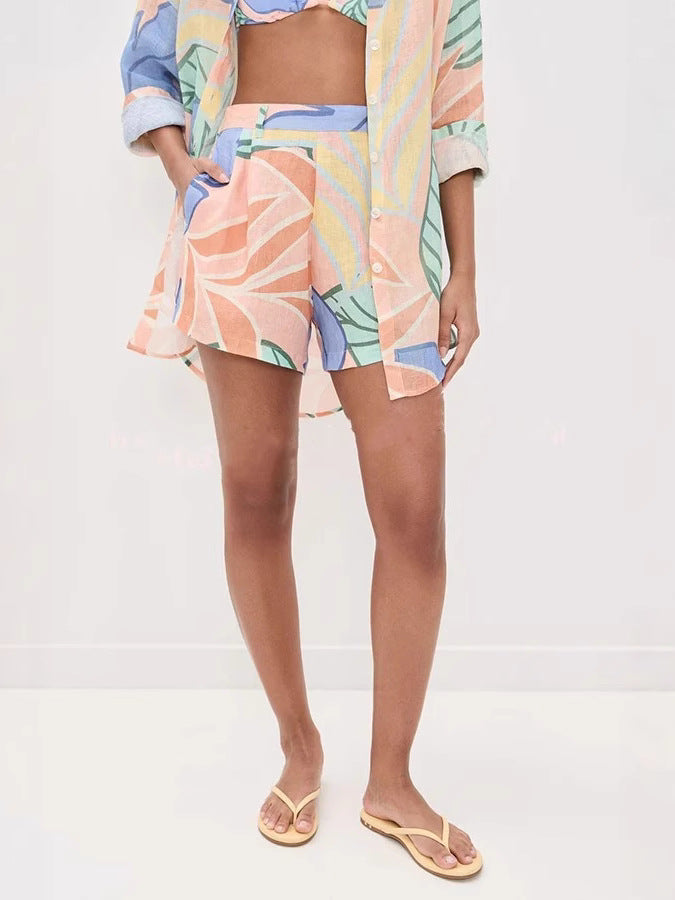 Women Casual Printed Long Sleeve Shirt and Shorts Two-piece Set 6