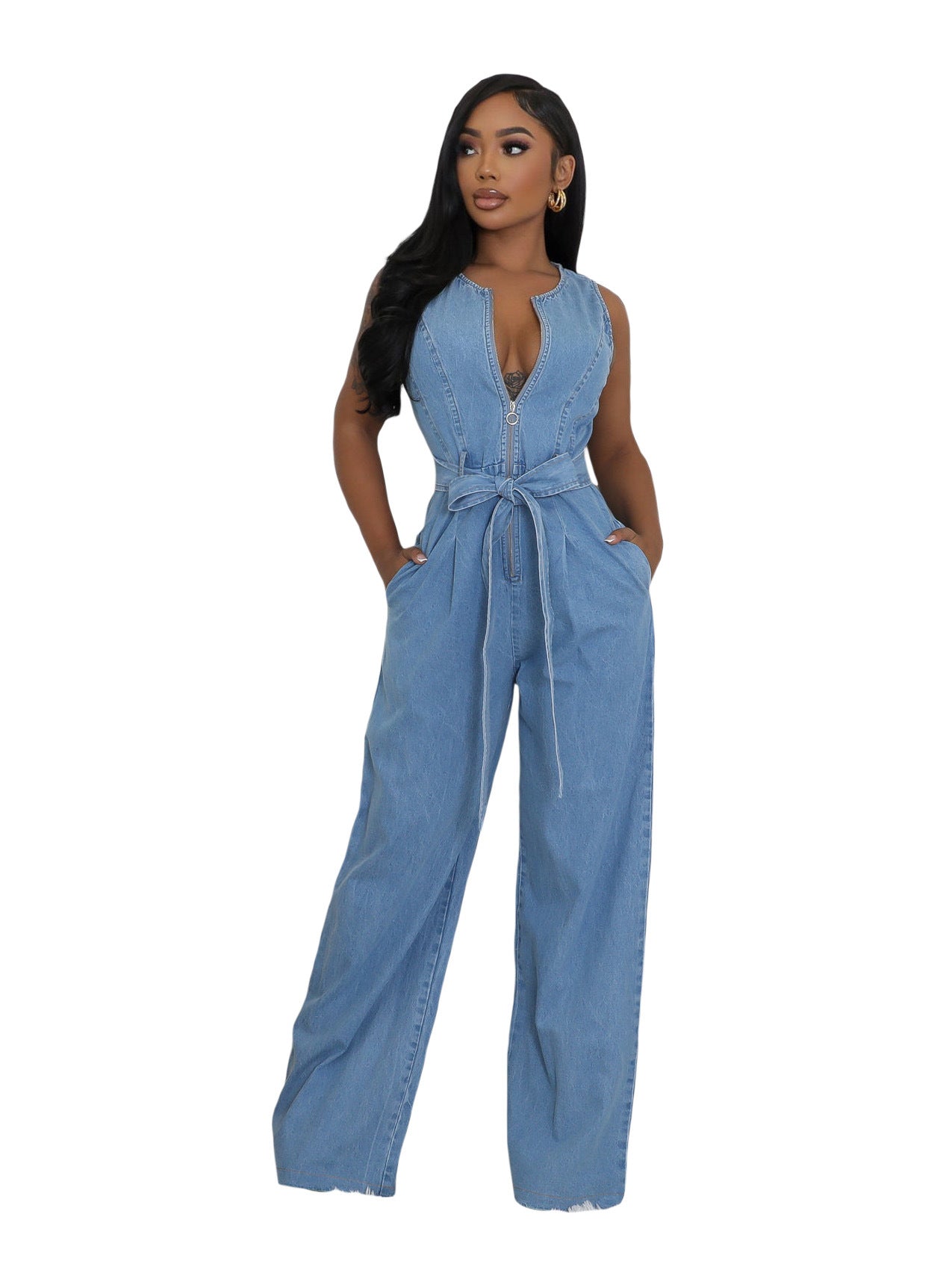 Tight Slim Elastic Waist Straight Loose Denim Jumpsuit 3