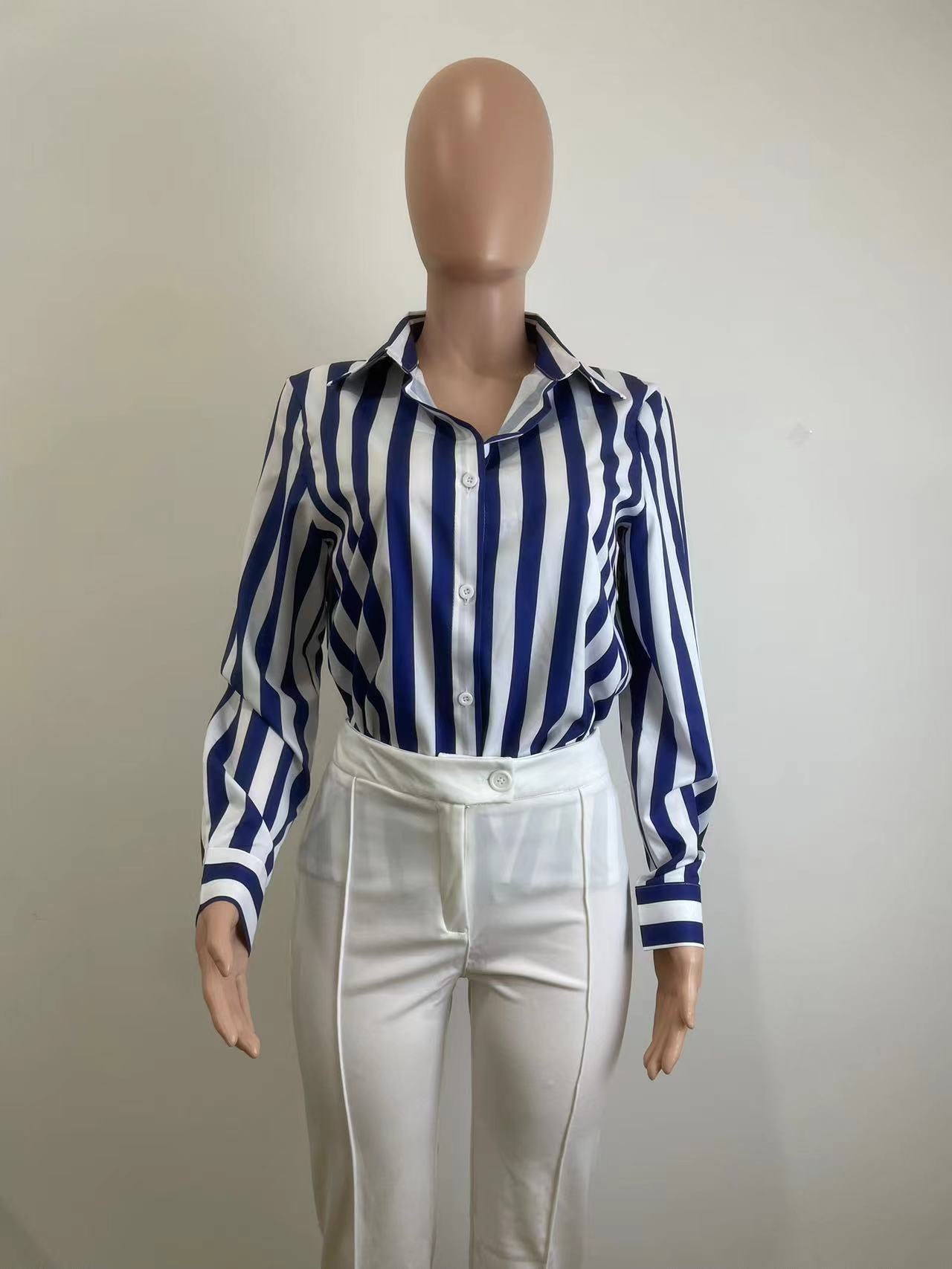 Women's Spring Fashionable Blue Striped Shirt 5