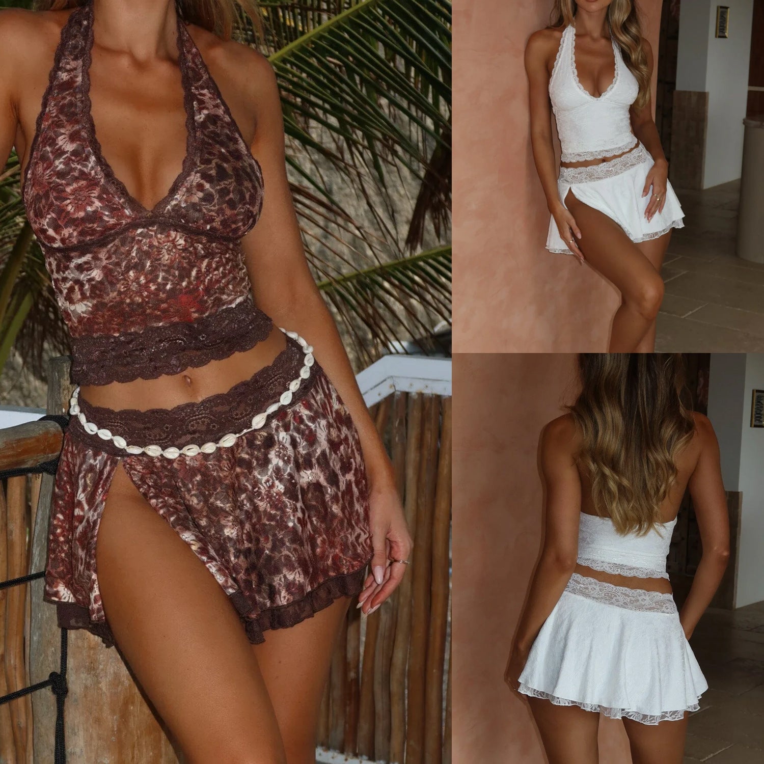 Sexy Halter Neck Deep V-neck Short Lace Top Slit Short Skirt Two-piece Set 12