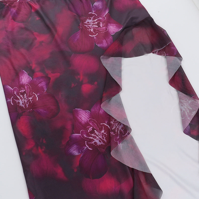 Street-Style Holiday Ruffled Print Two Piece Set Summer Sexy Slit Skirt Set 14