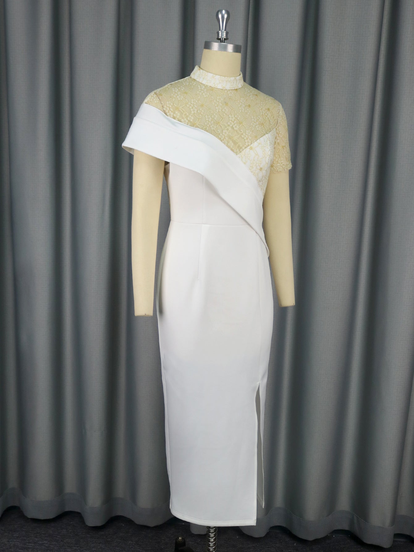 Round-Neck See-Through Lace Short-Sleeve formal Party Wedding & Bridesmaid Slit Dress 12