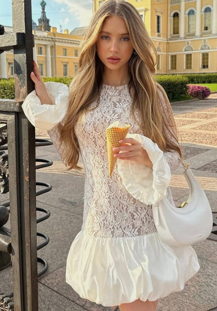 Women's Autumn And Winter Fashion Chic Long Sleeve See-Through Lace Ruffles Dress