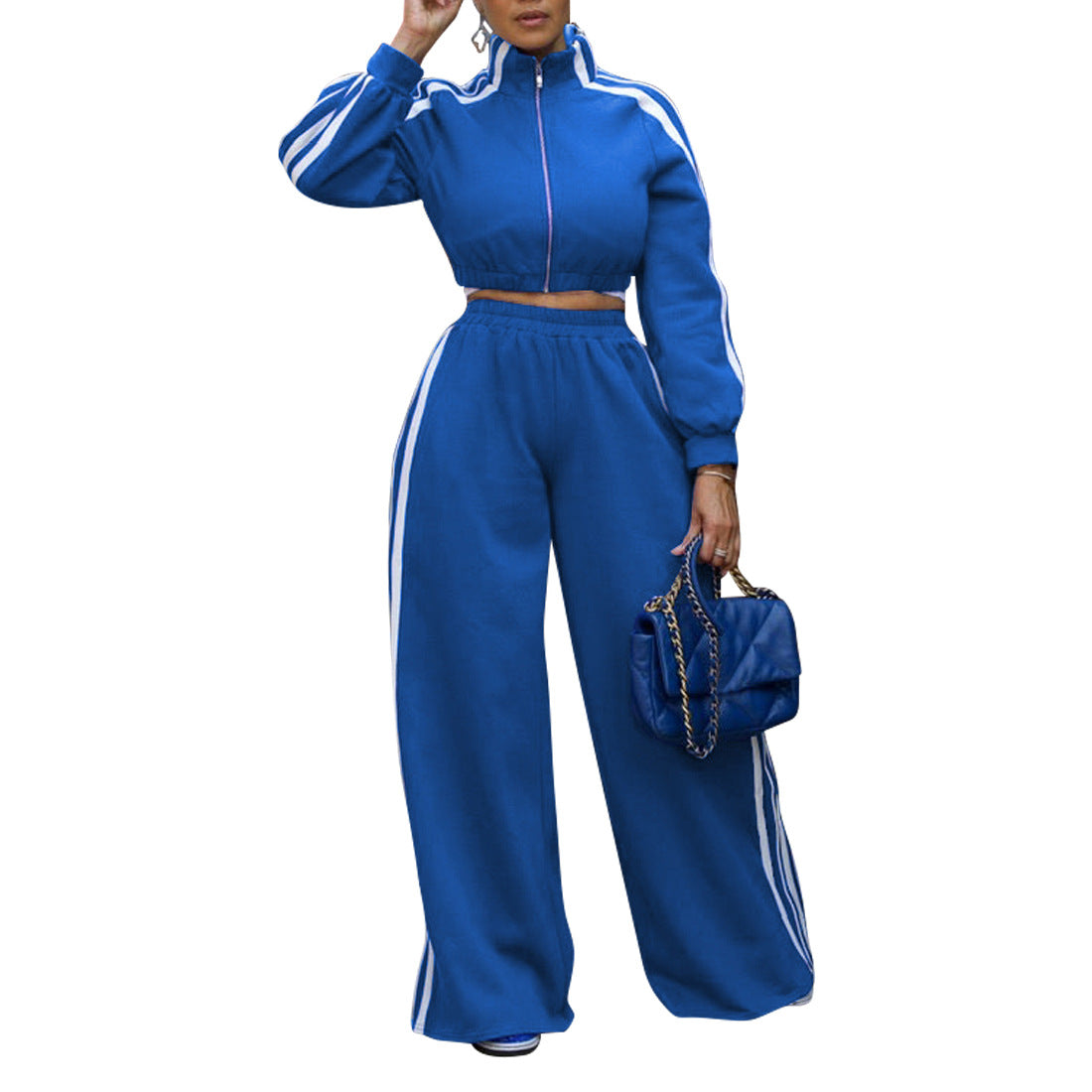 Women's Autumn Winter Sports Striped Jacket Loose Pants Two-Piece Set 11