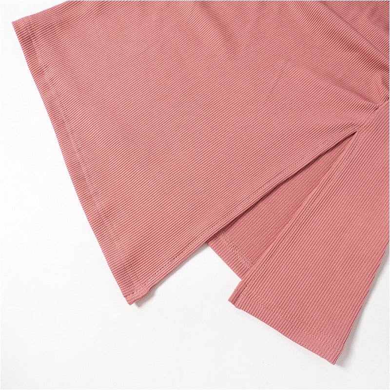 Women's Autumn and Winter Solid Color Tight Fitting Long Sleeve Top Slit Pants Casual Set 18