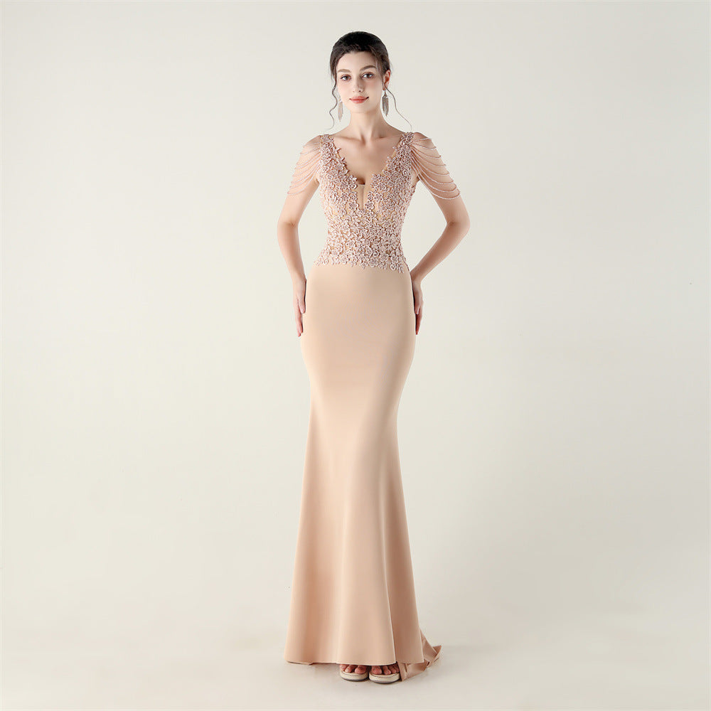 Beaded Lace Fishtail Evening Dress Wedding Formal Party Gown 16