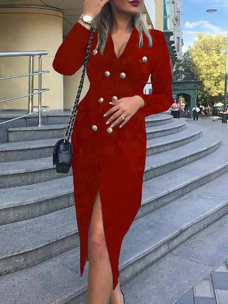 Women Autumn and Winter Long Sleeve Double Breasted Blazer Dress 11