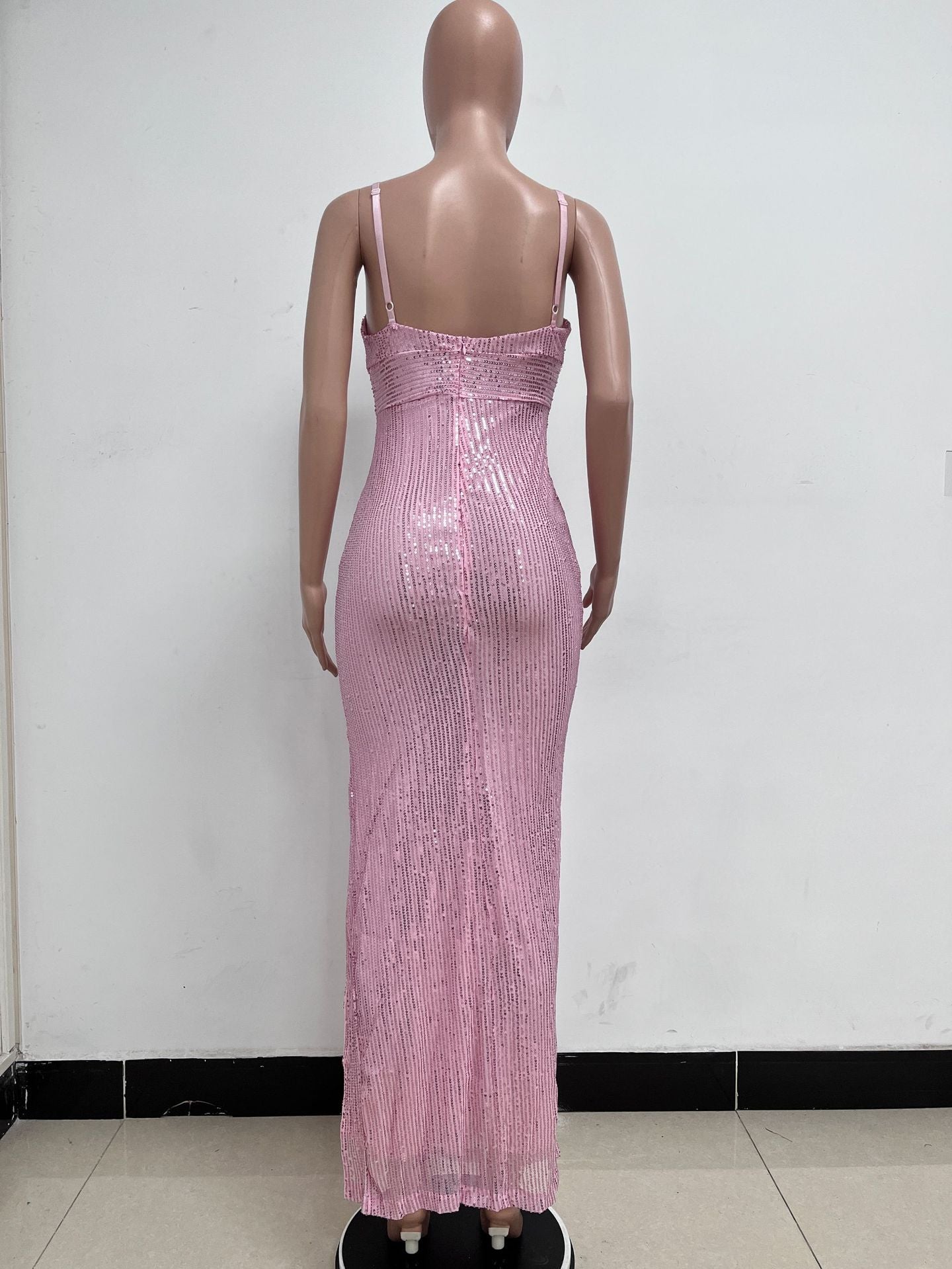 Women's Summer Slit Low Back Dress Sequined Sleeveless Suspender Dress 47