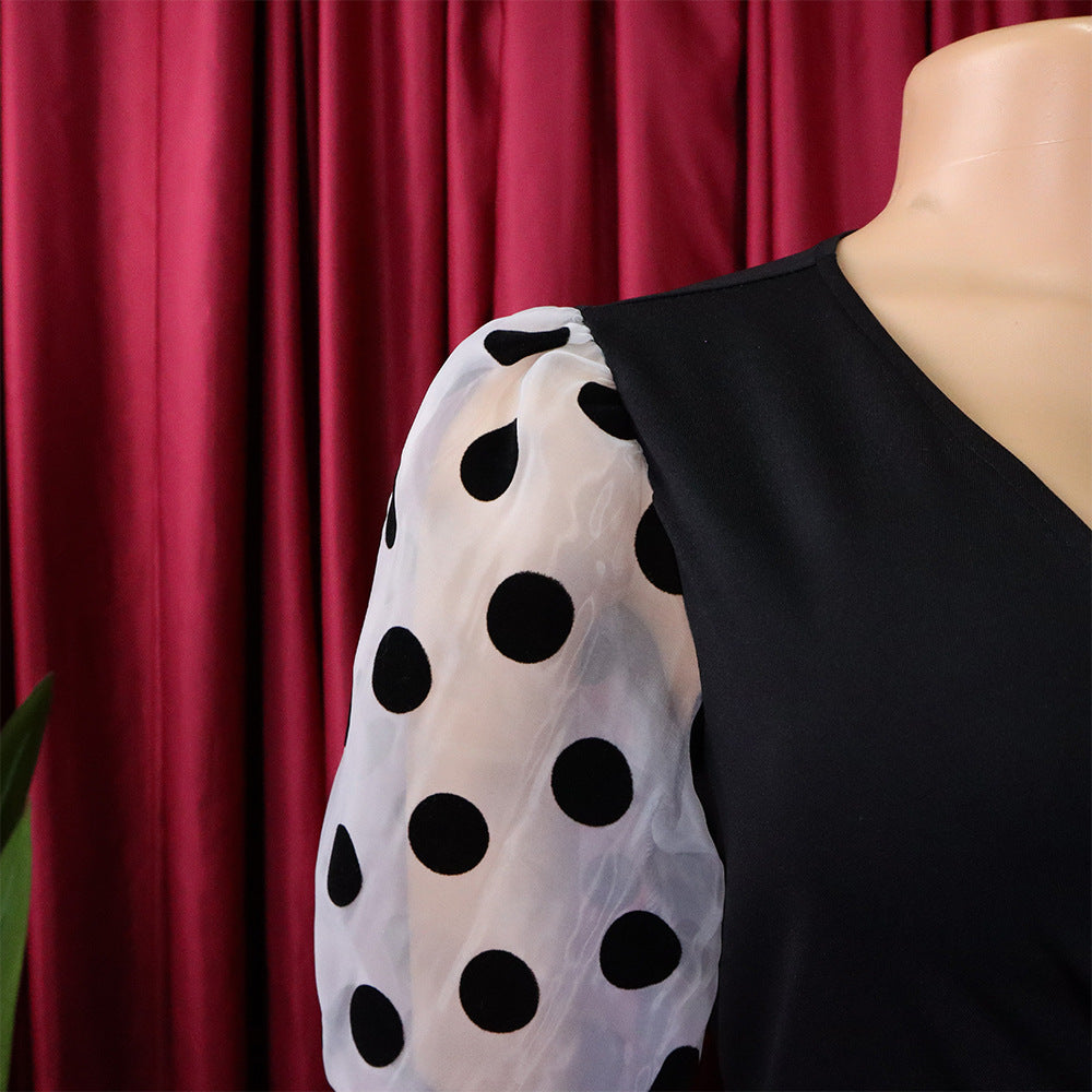 Women Summer mesh flocked puff sleeves V-neck Bodycon dress 30