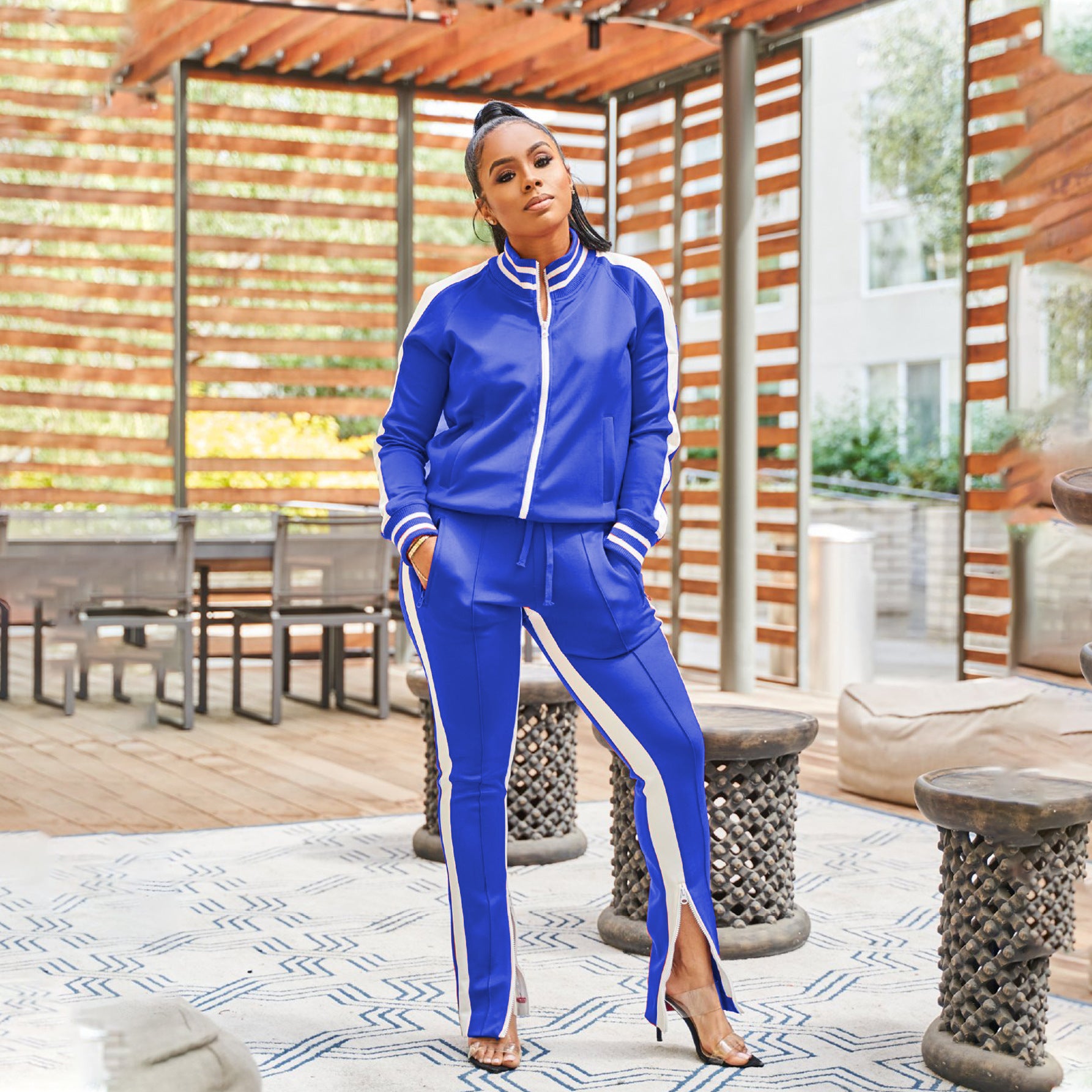 Women Off Shoulder Zipper Long Sleeve Top and Pant Sport Two-Piece Set 8