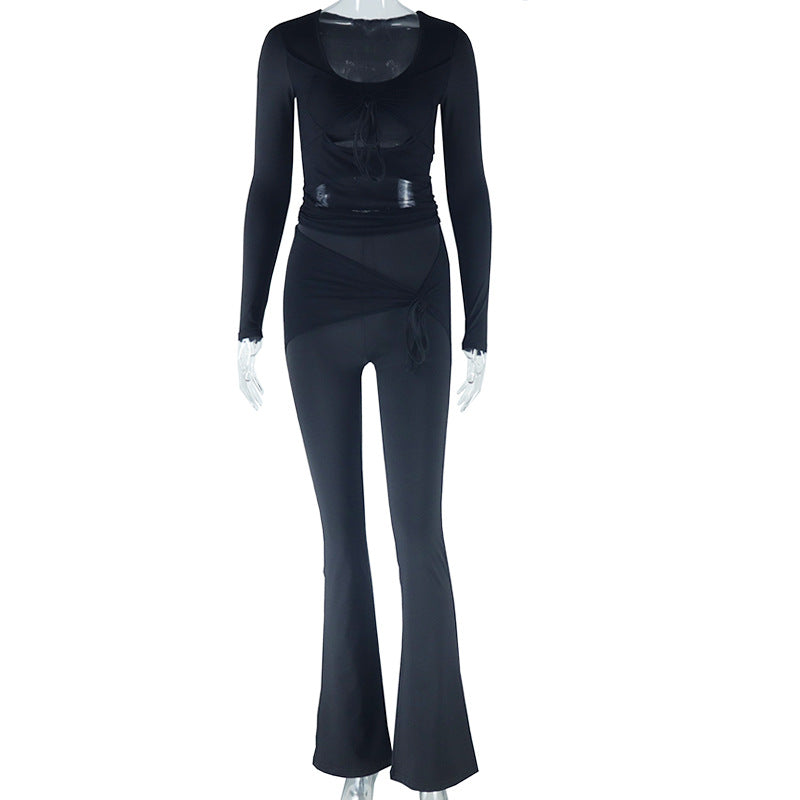 Women Solid Casual Mesh Patchwork Long Sleeve Top and Pants Two-piece Set 5