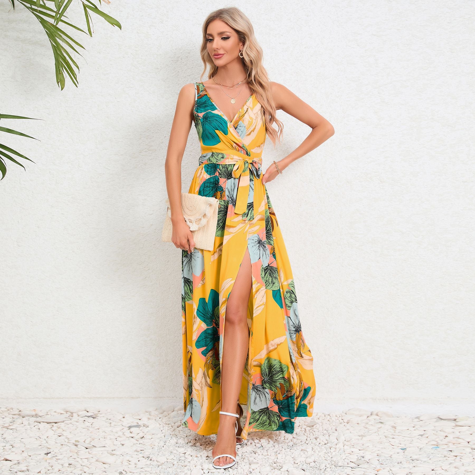 Summer Women's V-Neck Sleeveless Slit Printed Long Strap Dress 3