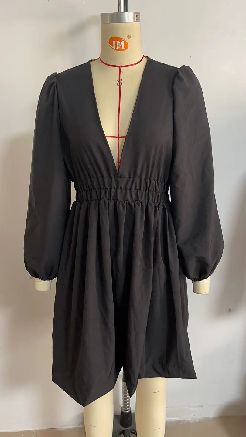 Women V Neck Pleated Long Sleeve Dress 8