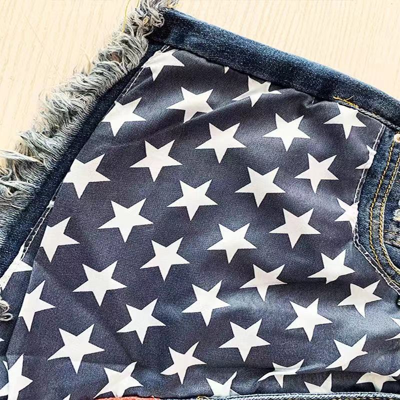 Women American Flag Ripped Tassel Denim Shorts 13