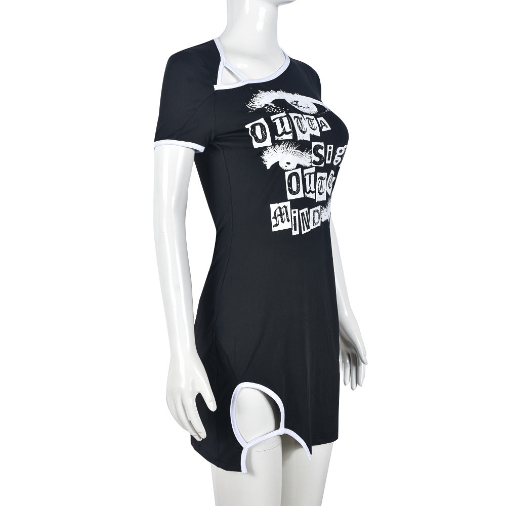 Women printed slit contrast color short sleeve sexy bodycon dress 8