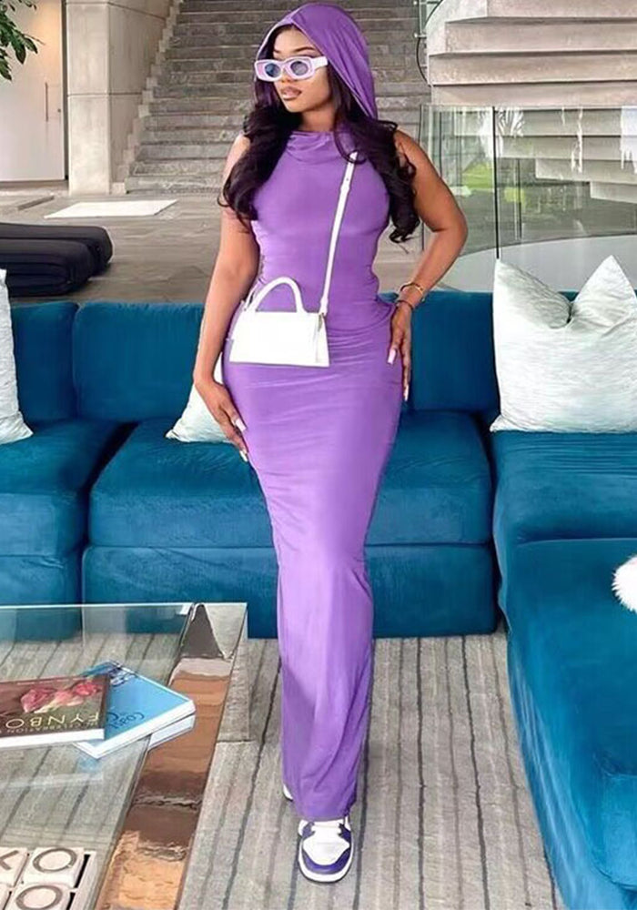 Summer Ladies Solid Color Hooded Sleeveless Bodycon Slit Dress Women