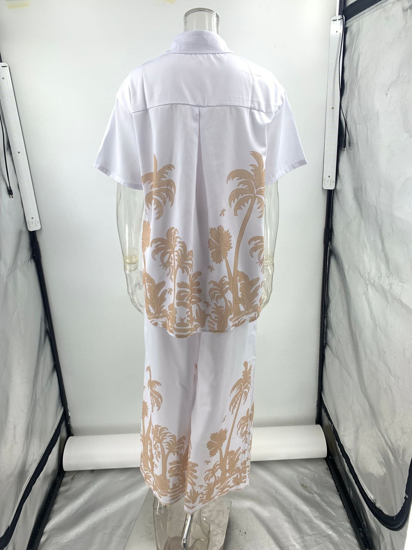 Summer Women's Casual Linen Short Sleeve Turndown Collar Shirt and Pants Set 8