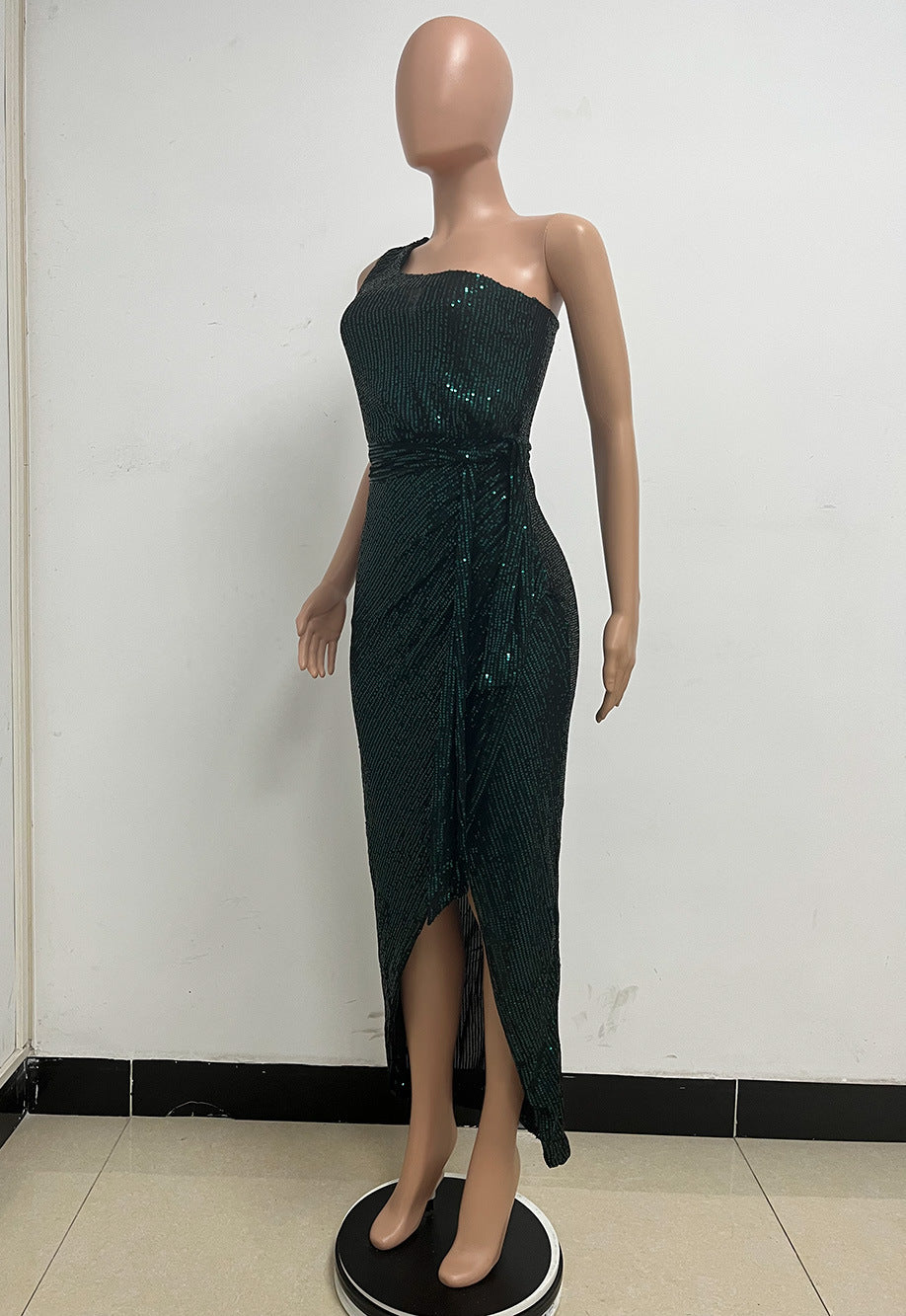 Women's One-Shoulder Lace-Up Sequined Evening Dress 92