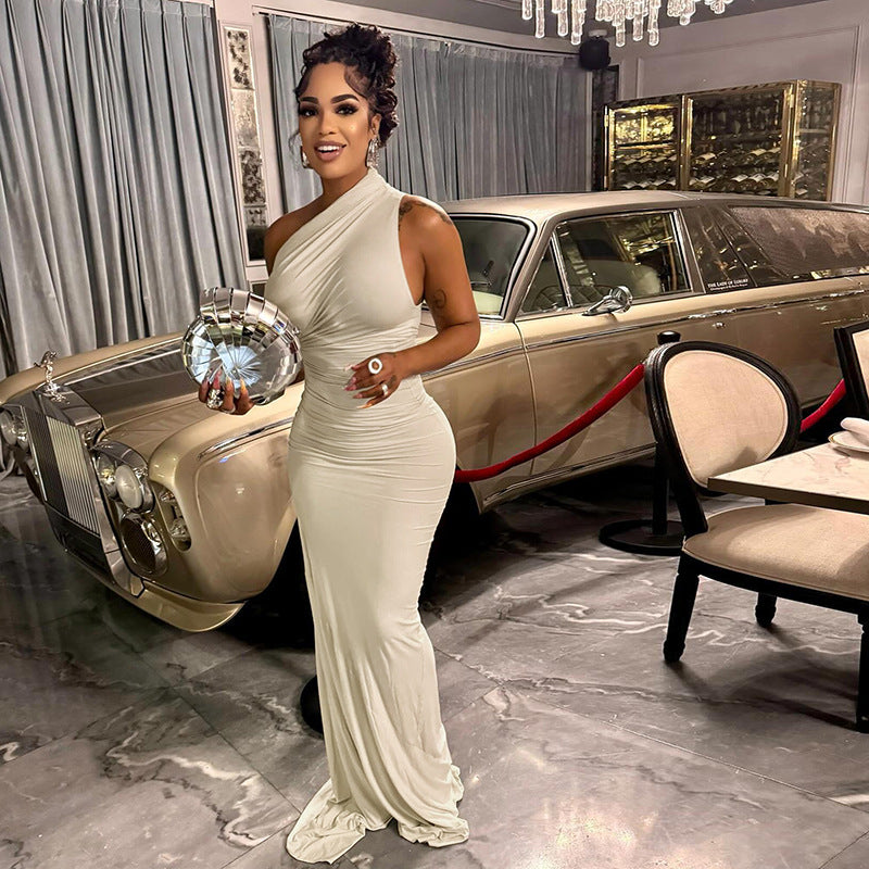 Winter Chic Elegant Slim Fit One-Shoulder Solid Bodycon Dress 4