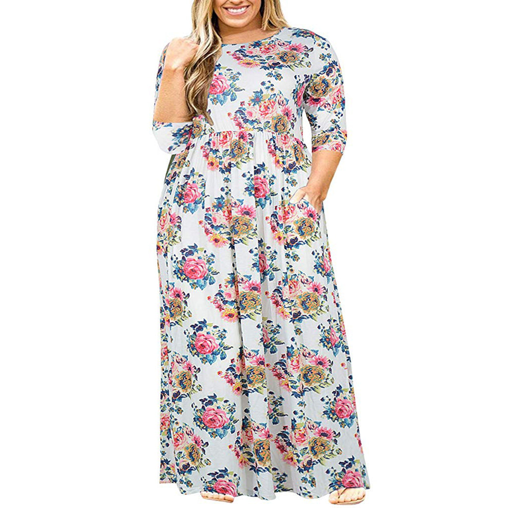 Summer Women's Short Sleeve Round Neck Solid Plus Size Dress Print Maxi Dress 14