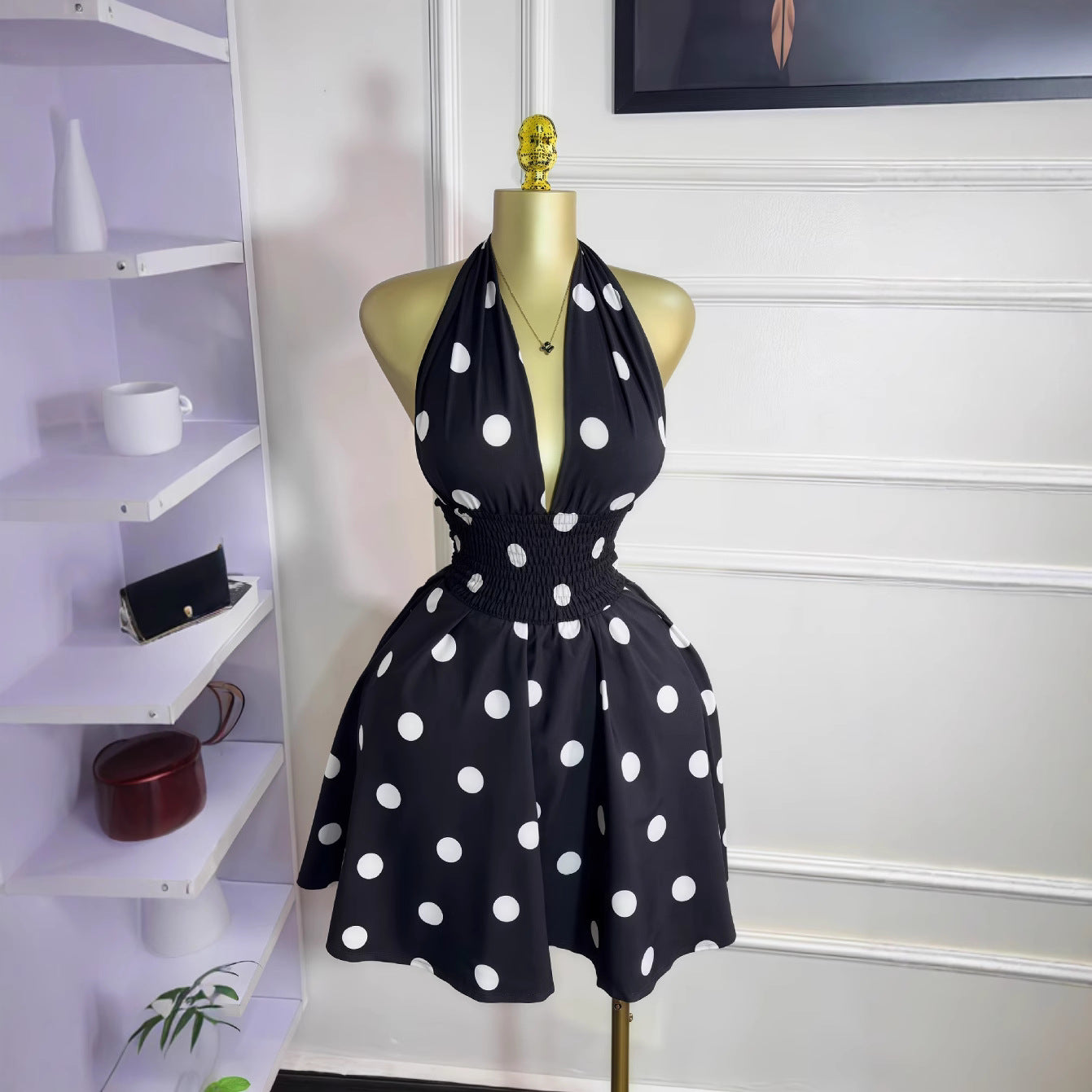Women Summer Polka Dot Sleeveless V-neck Lace-Up Backless Mini Dress 5