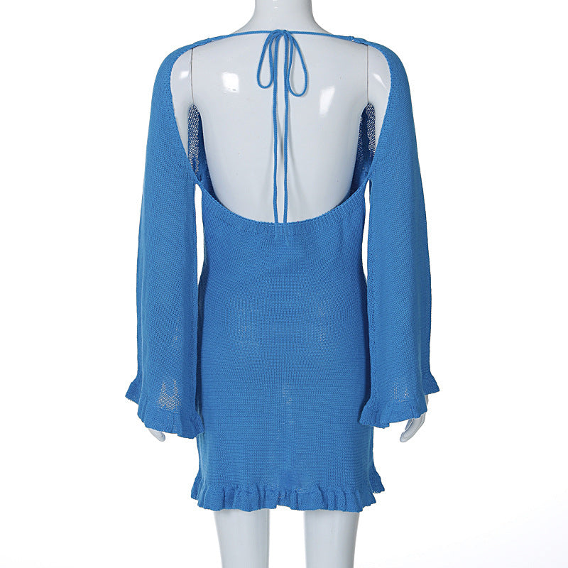 Winter Sexy Knitting Tie Low Back Bell Bottom Long Sleeve Solid Color Dress 16