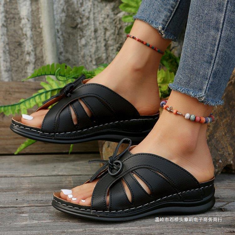 Women Summer Wedge Peep-Toe Slippers Solid Bow Roman Sandals 8