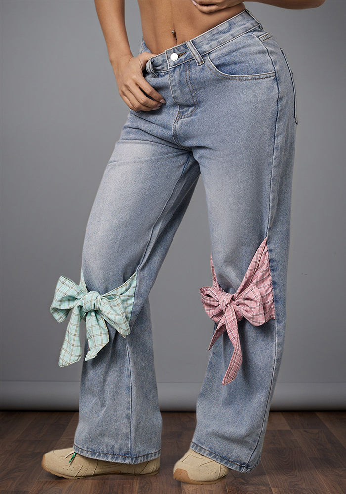 Bow High-Waist Wide-Leg Denim Pants Loose Straight Trousers