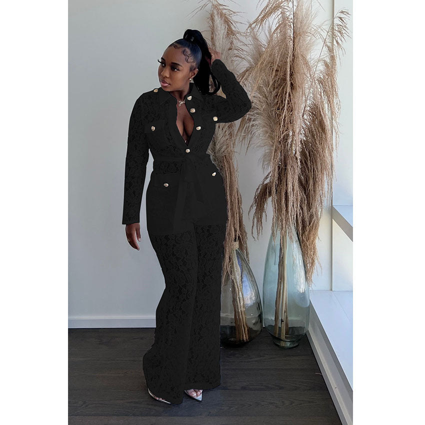 Women Fall Turndown Collar Long Sleeve Top and Pants Two-piece Set 4