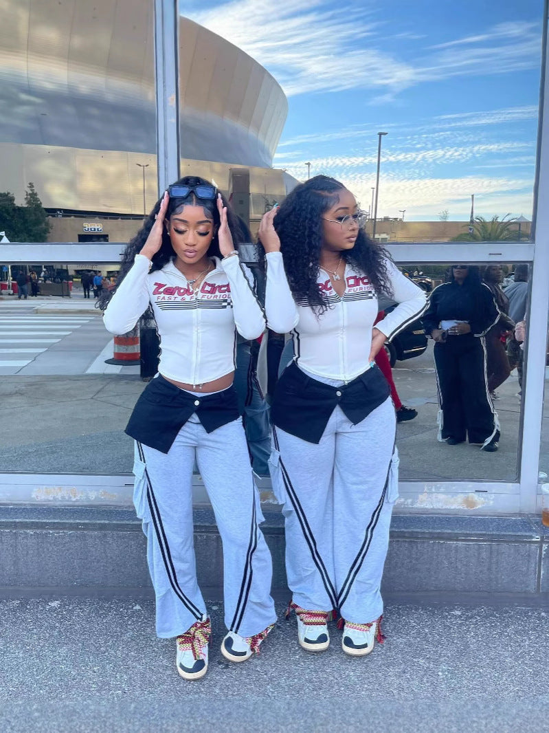 Women Autumn and Winter Retro American Letter Print Contrast Zipper Top 5