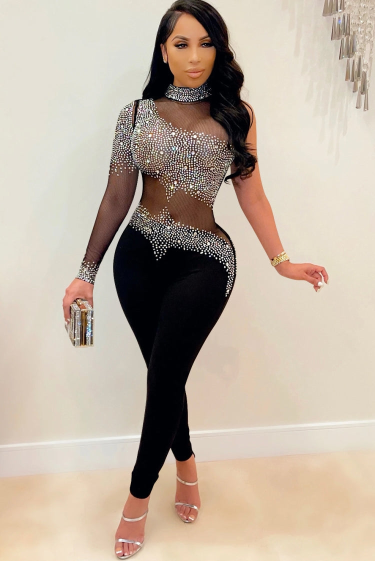 Fall Sexy Black See Through Beaded One Sleeve Party Jumpsuit 3