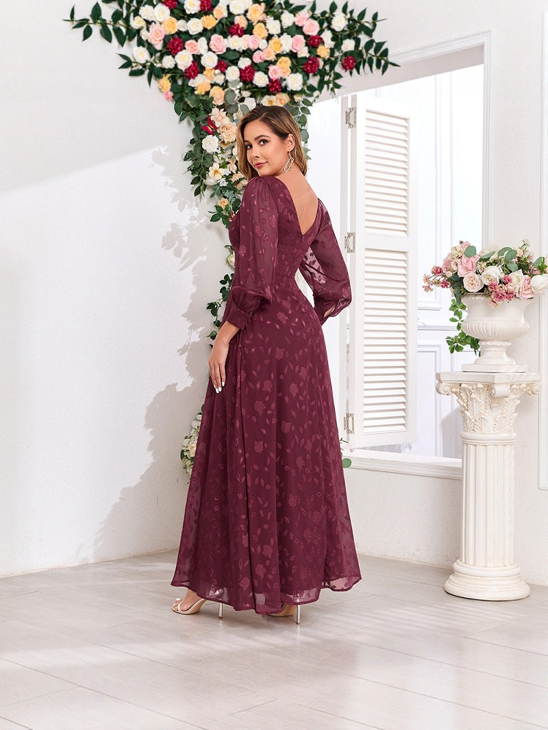 Autumn Long-Sleeve Double V-Neck High-Slit Lace Formal Dress with Full Lining
